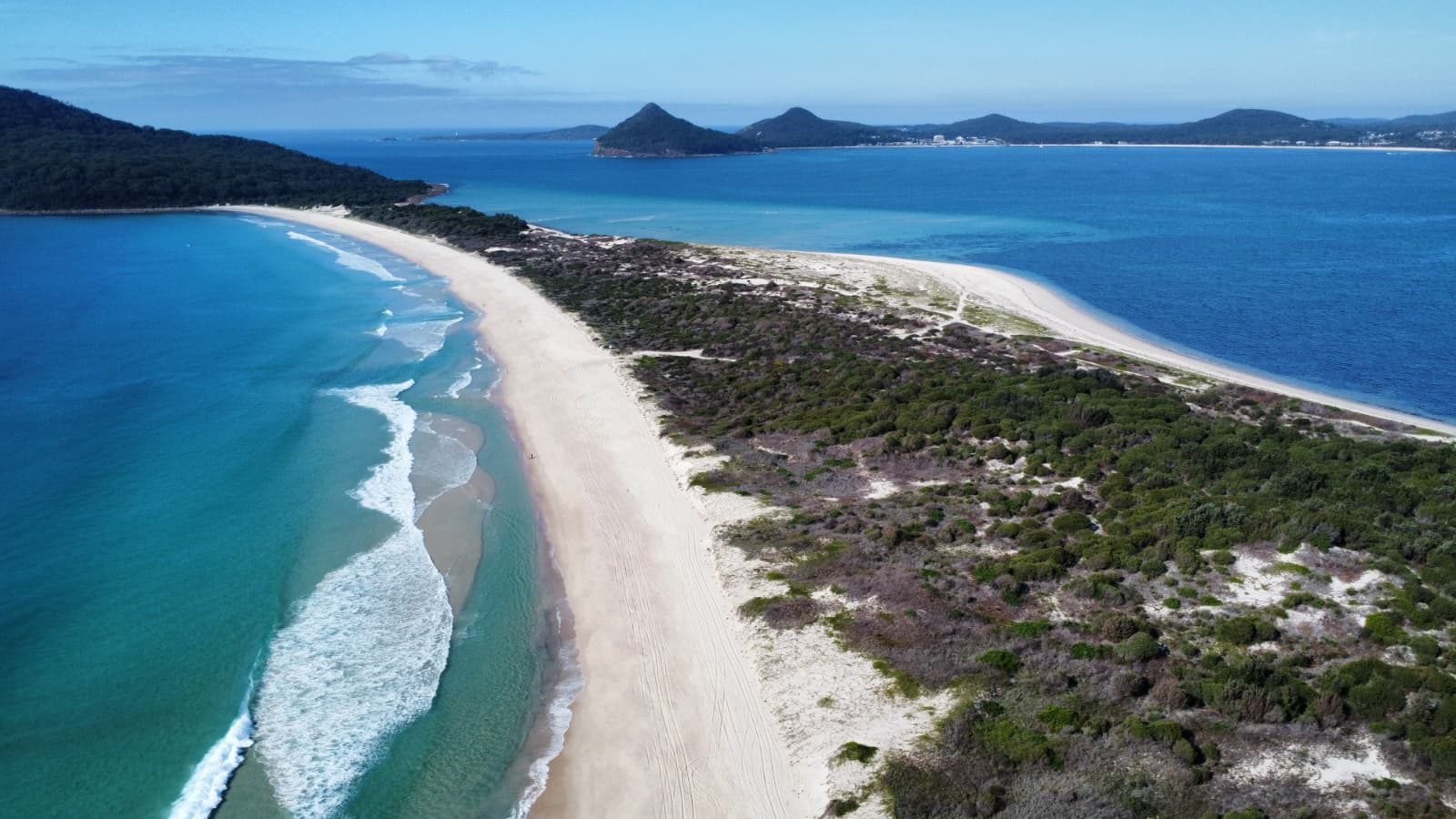 Aerial view of Jimmys Beach and Bennetts Beach peninsula, Port Stephens NSW